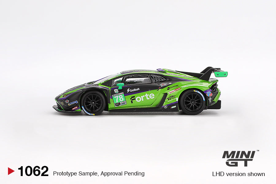 Mini GT Mijo Exclusive Lamborghini Huracán GT3 EVO2 #78 Forte Racing 2024 IMSA Daytona 24 Hrs #1062